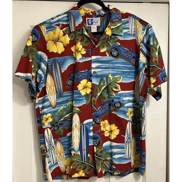 Vintage RJC Hawaiian Shirt Mens L Red Short Sleeve USA Beach Button Up Aloha - Picture 1 of 7